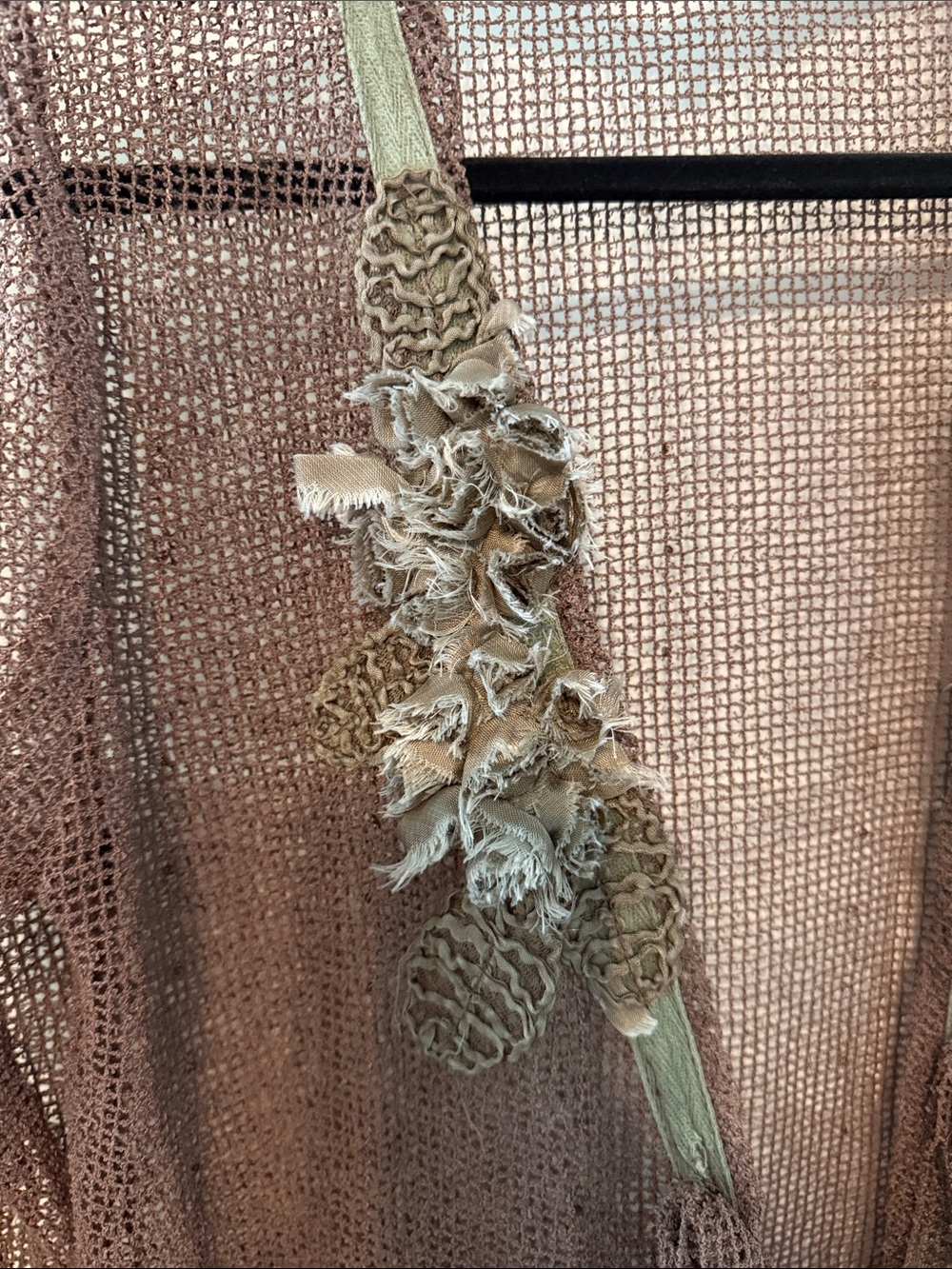 Scrap Work Linen and Cotton Blend Taupe Open-Knit Floral Trim Cardigan - Picture 7 of 7
